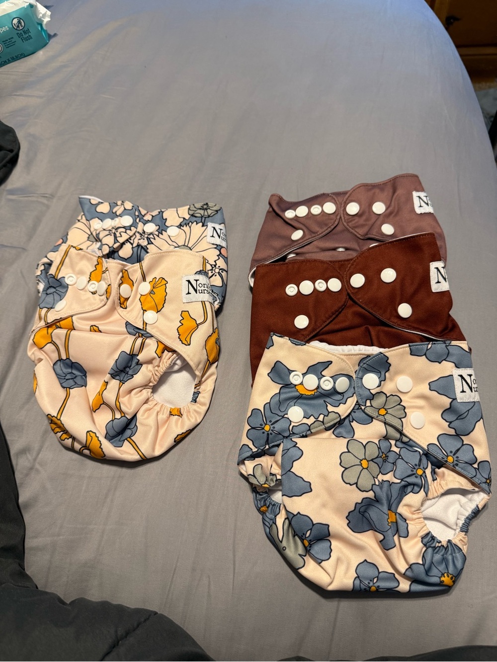Nora's Nursery Floral & Solid Reusable Cloth Diaper Set - Blue, Brown, Cream
